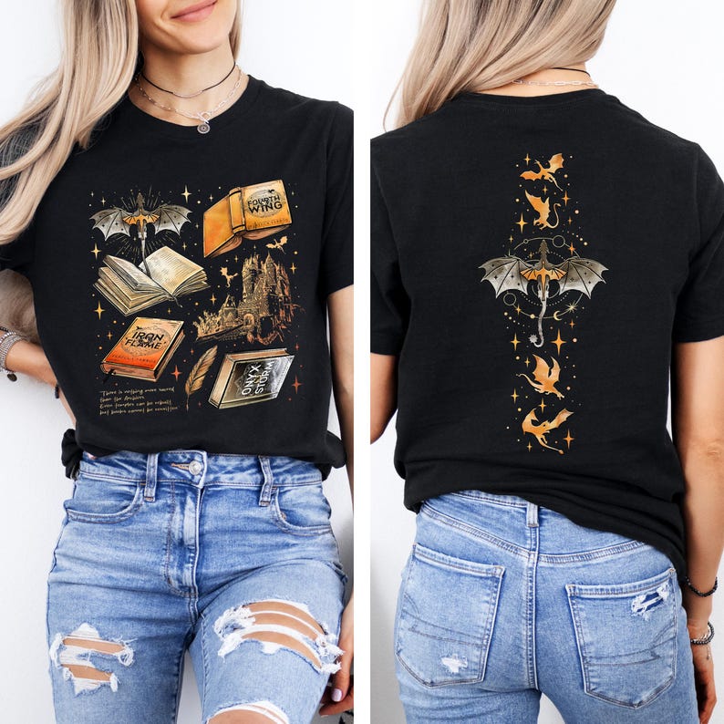 May include: Black t-shirt featuring a fantasy book-themed graphic. The front design includes open books, a dragon, and the text "Iron Flame" and "Fourth Wing." The back displays a dragon and other flying creatures. The shirt is made of a soft material.