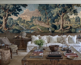 English Countryside Landscape Wall Mural: Vintage Estate Scenic Panoramic Wallpaper