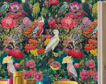Florale Tapete mit botanischen Wildtieren: Exotische Vögel & Koala zum Abziehen und Aufkleben, buntes Wandbild im botanischen Dschungel