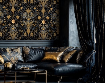 Black Gold Celestial Wallpaper: Luxury Damask Moon Stars Peel and Stick Wallpaper, Dark Elegant Wall Decor