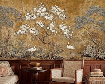 Golden Chinoiserie Mural: Elegant Magnolia Tree & Crane Birds – Vintage Oriental Peel and Stick Wallpaper