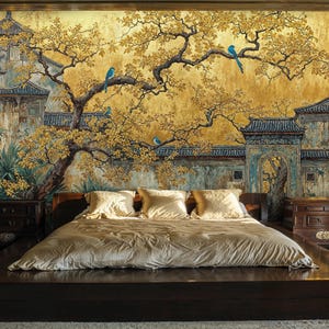 May include: A bedroom featuring a large, dark wood bed frame with a gold-colored comforter and pillows. The wall behind the bed is a mural depicting an Asian-inspired landscape with buildings, trees, and blue birds.