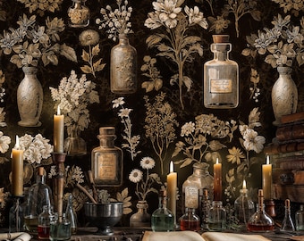 Stimmungsvoller Apotheker Botanisches Wandbild: Braune Blumen Tapete zum Schälen und Aufkleben oder Vlies