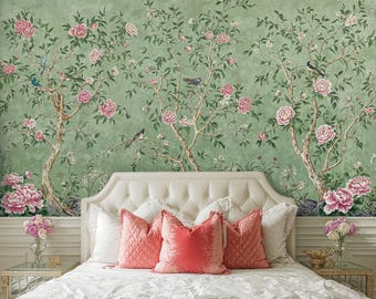Green Chinoiserie Cherry Blossom Wall Mural: Chinoiserie Birds and Flowers Wallpaper
