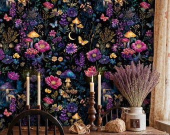 May include: A dark floral wallpaper with a whimsical design of mushrooms, flowers, and butterflies in shades of purple, pink, and yellow. The scene includes lit candles, a wooden table, and a vase of lavender, creating a mystical ambiance.