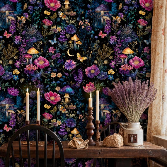 Dark Celestial Mushroom Wallpaper Mural: Midnight Floral Botanical, Peel and Stick or Traditional