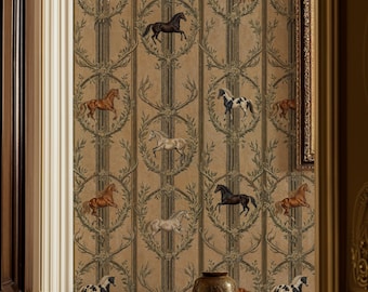 Equestrian Chinoiserie Peel and Stick Wallpaper: Classic Horse Pattern Vintage Wall Mural