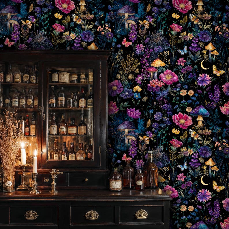 May include: An interior scene with a dark wooden cabinet and a floral wallpaper. The wallpaper features a pattern of flowers, mushrooms, butterflies, and a crescent moon against a black background. The color scheme includes blues, purples, and pinks.