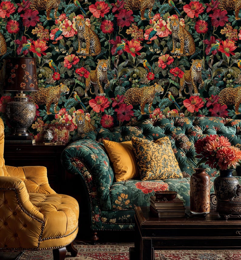 Leopard and Tropical Floral Wallpaper: Dark Exotic Peel & Stick Mural ...