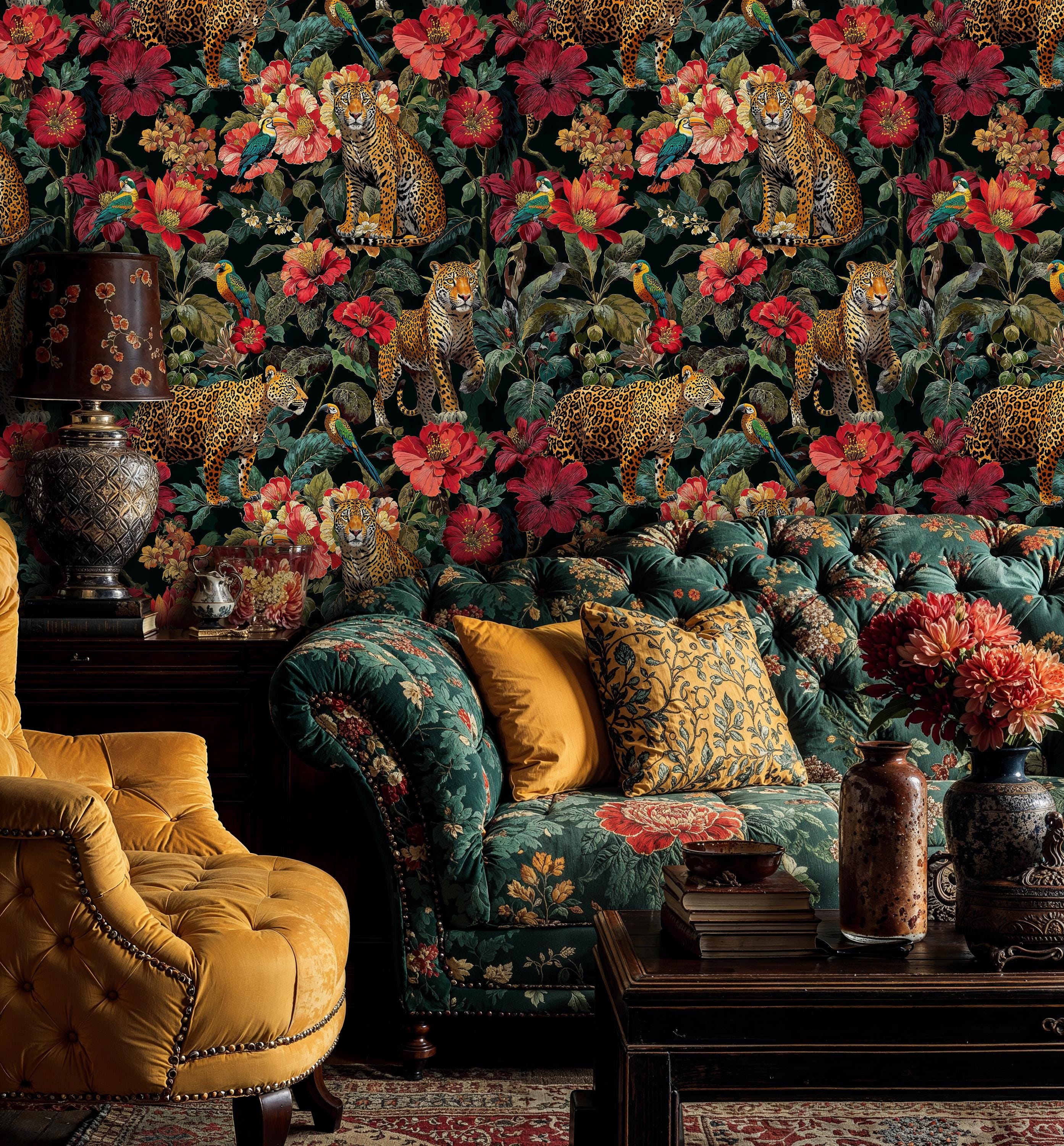 Leopard and Tropical Floral Wallpaper: Dark Exotic Peel & Stick Mural ...