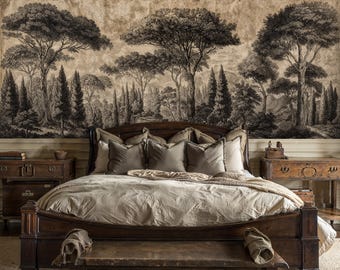 May include: A bedroom with a dark wood bed frame, neutral bedding, and decorative pillows. The headboard is arched. The wall behind the bed features a black and white forest mural. Two wooden nightstands flank the bed.