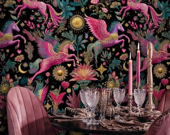 Pink Unicorn Wallpaper: Gold Celestial Peel and Stick Wall Mural