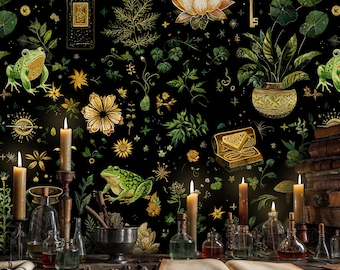 Celestial Apothecary Wallpaper Mural: Dark Botanical Frog Peel and Stick Wallpaper