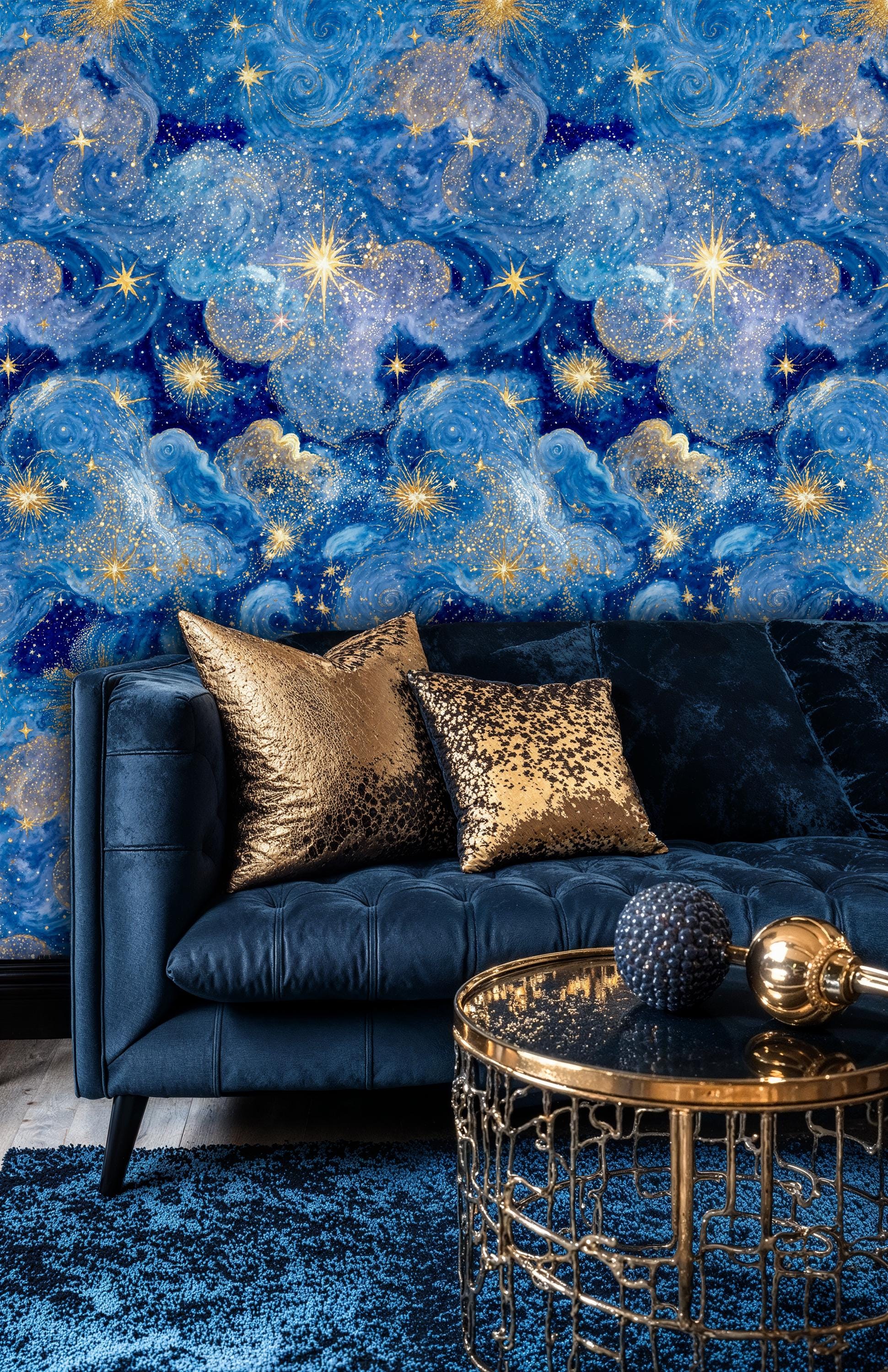 Celestial Galaxy Wallpaper: Blue and Gold Starry Sky Peel and Stick ...