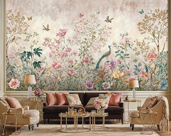 Romantic Chinoiserie Floral Mural: Elegant Botanical Garden Wallpaper with Birds and Peacocks