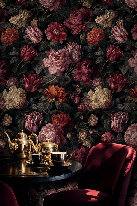 Dark Moody Floral Wallpaper: Pink Flower Peel and Stick Wallpaper