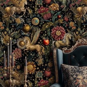 May include: Dark, ornate wallpaper featuring a repeating pattern of golden winged horses, flowers, and celestial elements against a black background. A teal armchair with gold trim and a patterned pillow is visible.