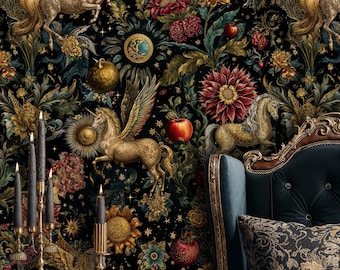 Celestial Unicorn Wallpaper: Dark Floral Fantasy Wall Mural Peel and Stick or Non-Woven