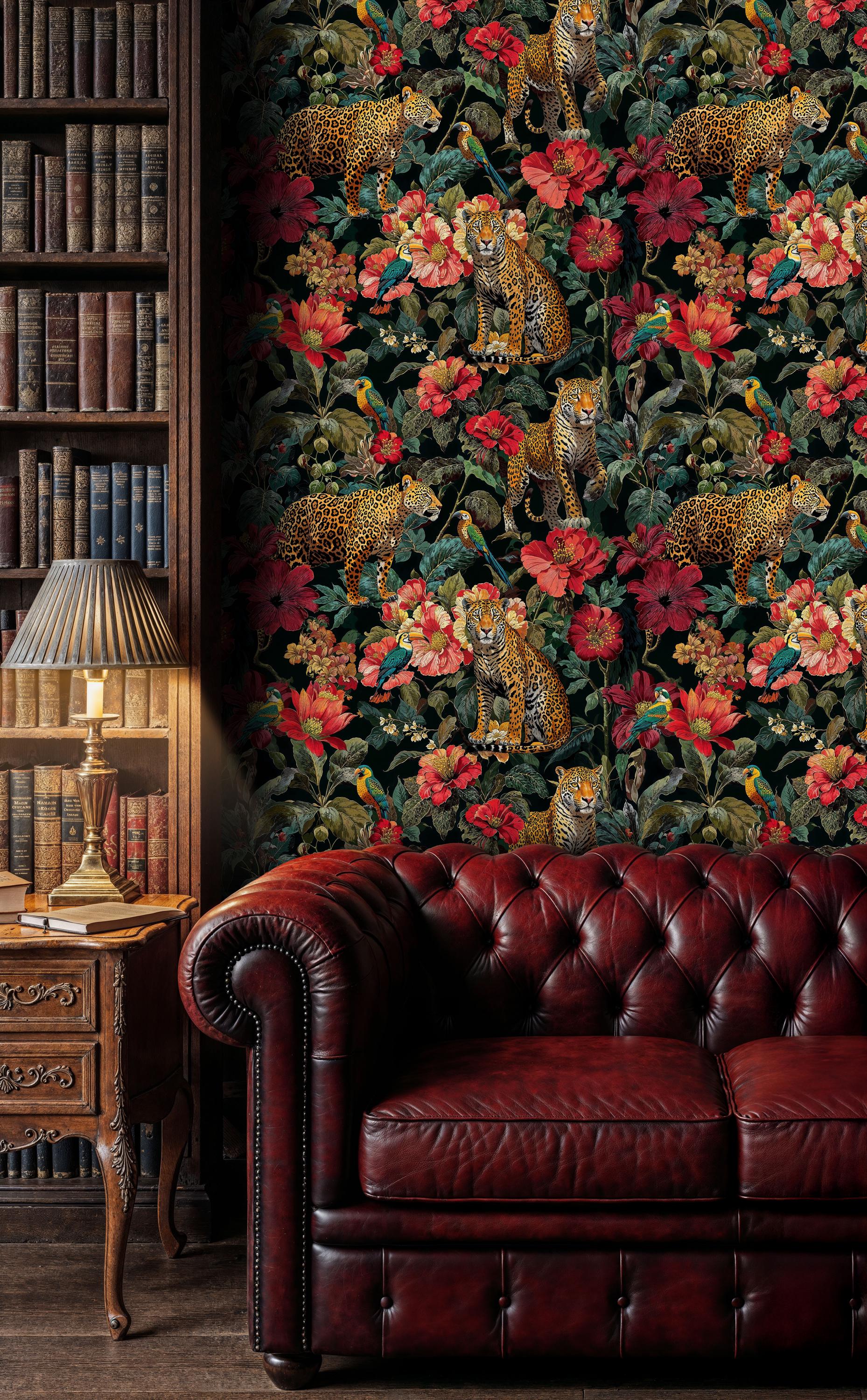 Leopard and Tropical Floral Wallpaper: Dark Exotic Peel & Stick Mural ...