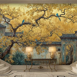 May include: A detailed mural depicts an Asian-inspired landscape with gold-toned trees, blue birds, and traditional buildings. The scene includes a staircase, a console table with lamps, and a marble floor, creating a serene and elegant atmosphere.