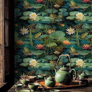 Water Lily Pond Wallpaper Mural: Moody Dark Botanical Peel and Stick Wallpaper