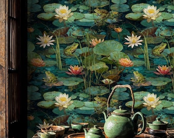 Water Lily Pond Wallpaper Mural: Moody Dark Botanical Peel and Stick Wallpaper