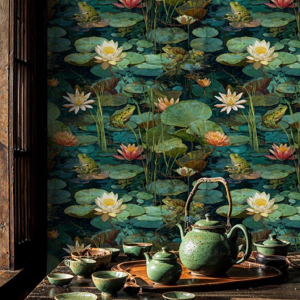 Water Lily Pond Wallpaper Mural: Moody Dark Botanical Peel and Stick Wallpaper