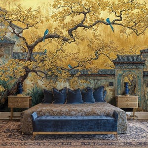 May include: A bedroom with a large mural depicting an Asian-inspired landscape with a golden yellow background, a tree with yellow leaves, and blue birds. The room features a bed with blue pillows, a blue bench, and gold curtains.
