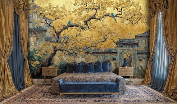 Gold Chinoiserie Wallpaper: Asian Landscape Peel and Stick Mural