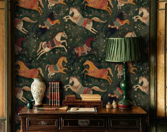 Vintage Horse Wall Mural: Dark Green Chinoiserie Equestrian Peel and Stick Wallpaper