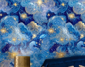 Celestial Galaxy Wallpaper: Blue and Gold Starry Sky Peel and Stick Wall Mural