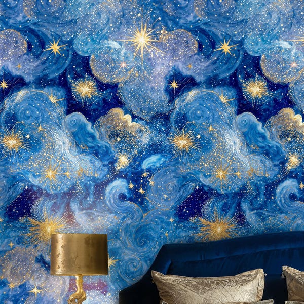 Celestial Galaxy Wallpaper: Blue and Gold Starry Sky Peel and Stick Wall Mural