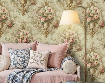 Vintage Floral Vase Wallpaper: Romantic Rococo Peel and Stick Wallpaper