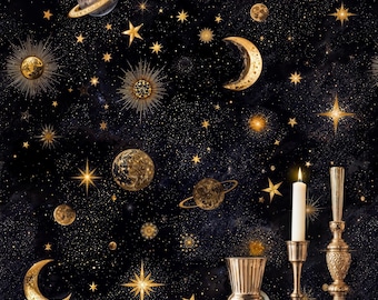 Celestial Night Sky Constellation Wallpaper: Black Gold Celestial Peel and Stick or Non-Woven