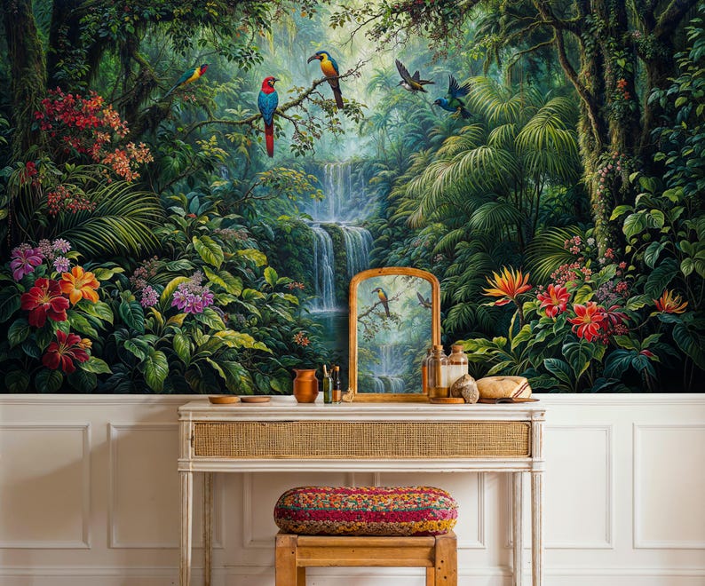 Tropical Rainforest Wallpaper Mural: Peel and Stick Jungle Waterfall - Etsy