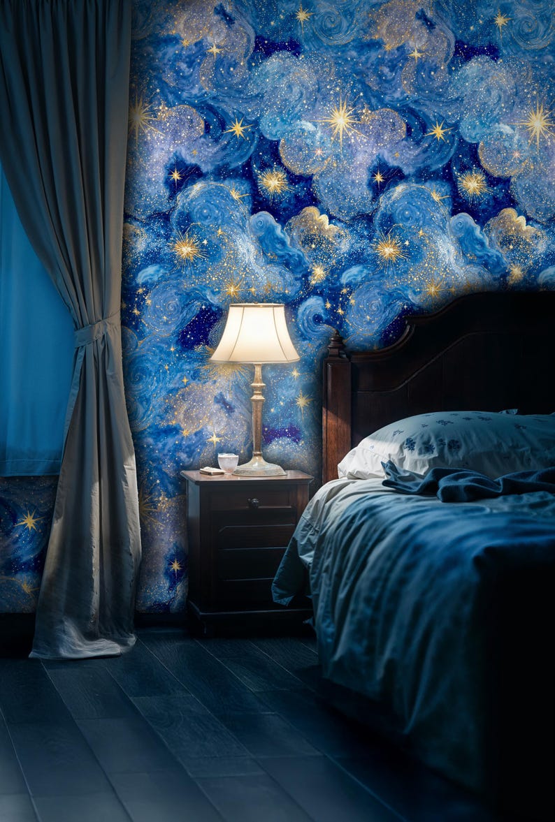 Celestial Galaxy Wallpaper: Blue and Gold Starry Sky Peel and Stick ...