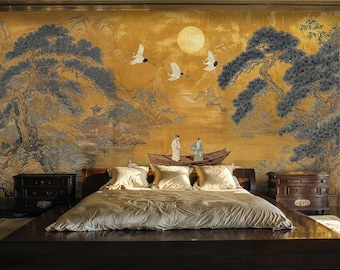 Chinoiserie Peel and Stick Wallpaper: Gold Crane Landscape Mural