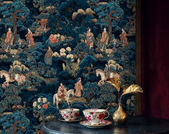Japanese Garden Wallpaper Peel and Stick Wall Mural: Navy Blue Oriental Pagoda Wallpaper