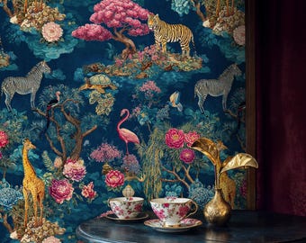 Whimsical Jungle Wallpaper Mural: Exotic Safari Peel and Stick Wallpaper