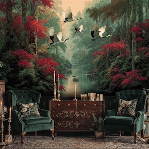 Puede incluir: Un papel pintado escénico con un paisaje forestal sereno con un río, árboles rojos y grullas volando. Dos sillones verde oscuro con cojines florales están frente al papel pintado. Un mueble de madera y una alfombra completan la escena.