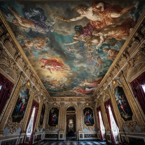May include: Ornate room with a painted ceiling depicting figures in the clouds. The walls are adorned with framed paintings and gold trim. Red curtains frame the windows, and the floor has a black and white checkered pattern.