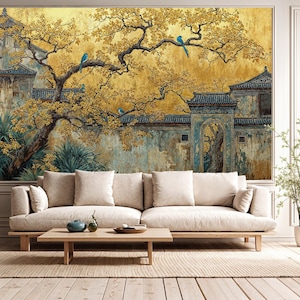 May include: A living room with a large mural depicting an Asian landscape with a golden tree and blue birds. A beige sofa, wooden coffee table, and a floor lamp complete the room's decor.