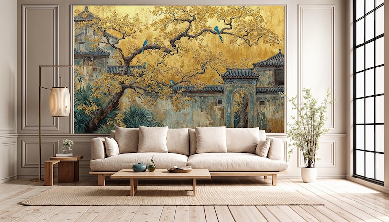 May include: A living room with a large mural depicting an Asian landscape with a golden tree and blue birds. A beige sofa, wooden coffee table, and a floor lamp complete the room's decor.