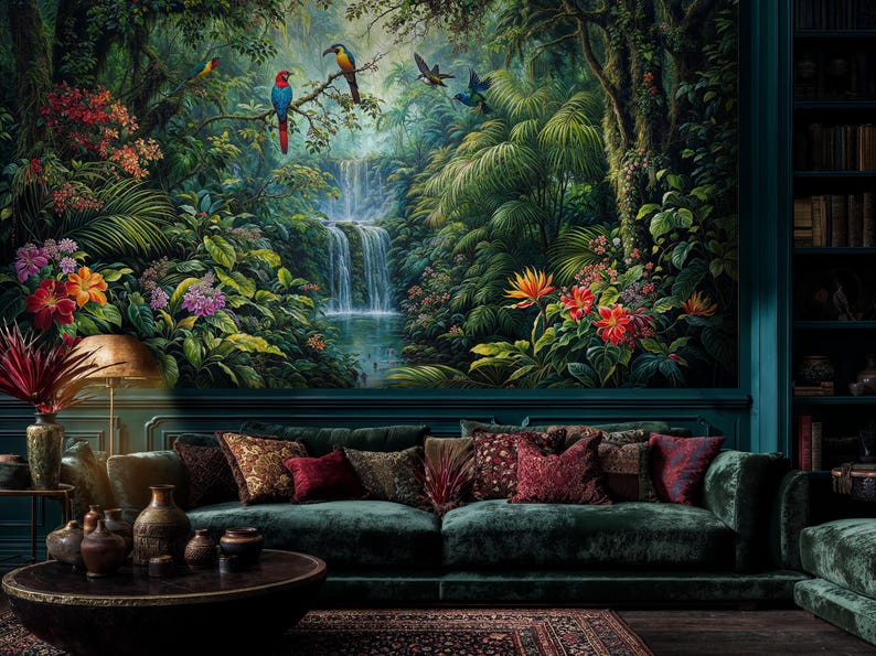 Tropical Rainforest Wallpaper Mural: Peel and Stick Jungle Waterfall ...