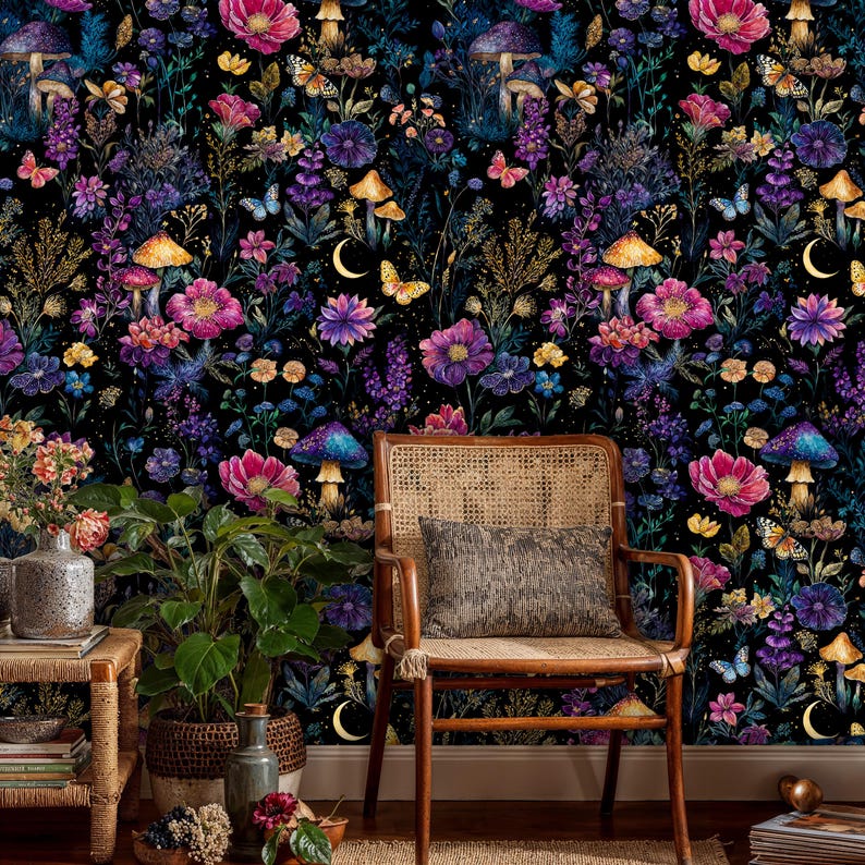 May include: A colourful wallpaper design with a dark backdrop, showcasing flowers, mushrooms, butterflies, and crescent moons. The image includes a wooden chair with a woven back and a cushion, plus potted plants and vases.