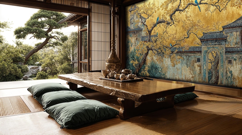 May include: A serene Japanese-style interior with a low wooden table and green floor cushions. A tea set sits on the table. The room opens to a view of a lush garden. A mural of a golden tree and a traditional building decorates the wall.