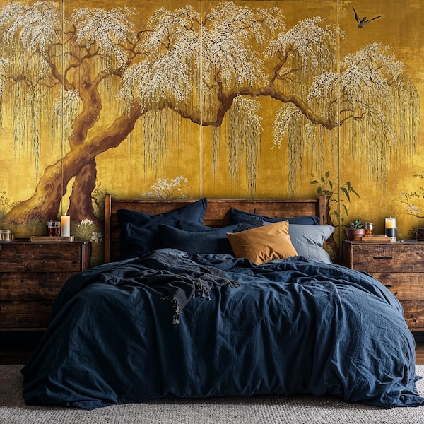 Gold Chinoiserie Peel and Stick Wallpaper: Gold Weeping Willow Wall Mural