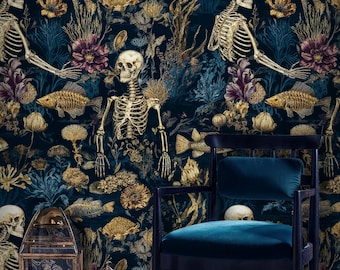 Gothic Skeleton Peel and Stick Wallpaper: Dark Floral Fish Mural