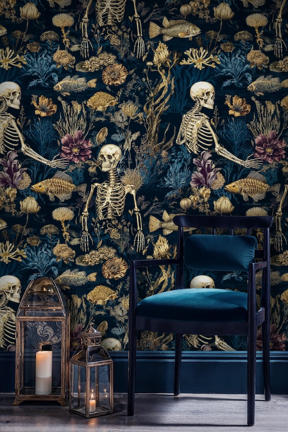 Gothic Skeleton Peel and Stick Wallpaper: Dark Floral Fish Mural