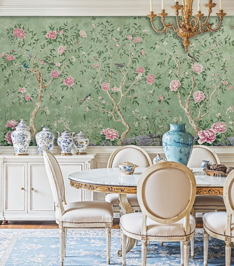 Green Chinoiserie Cherry Blossom Wall Mural: Chinoiserie Birds and ...